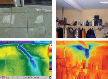 Вода протекает под плиточный пол в помещение внизу. Влага в стене сухой кладки не видна (вверху) без использования тепловизора (внизу).